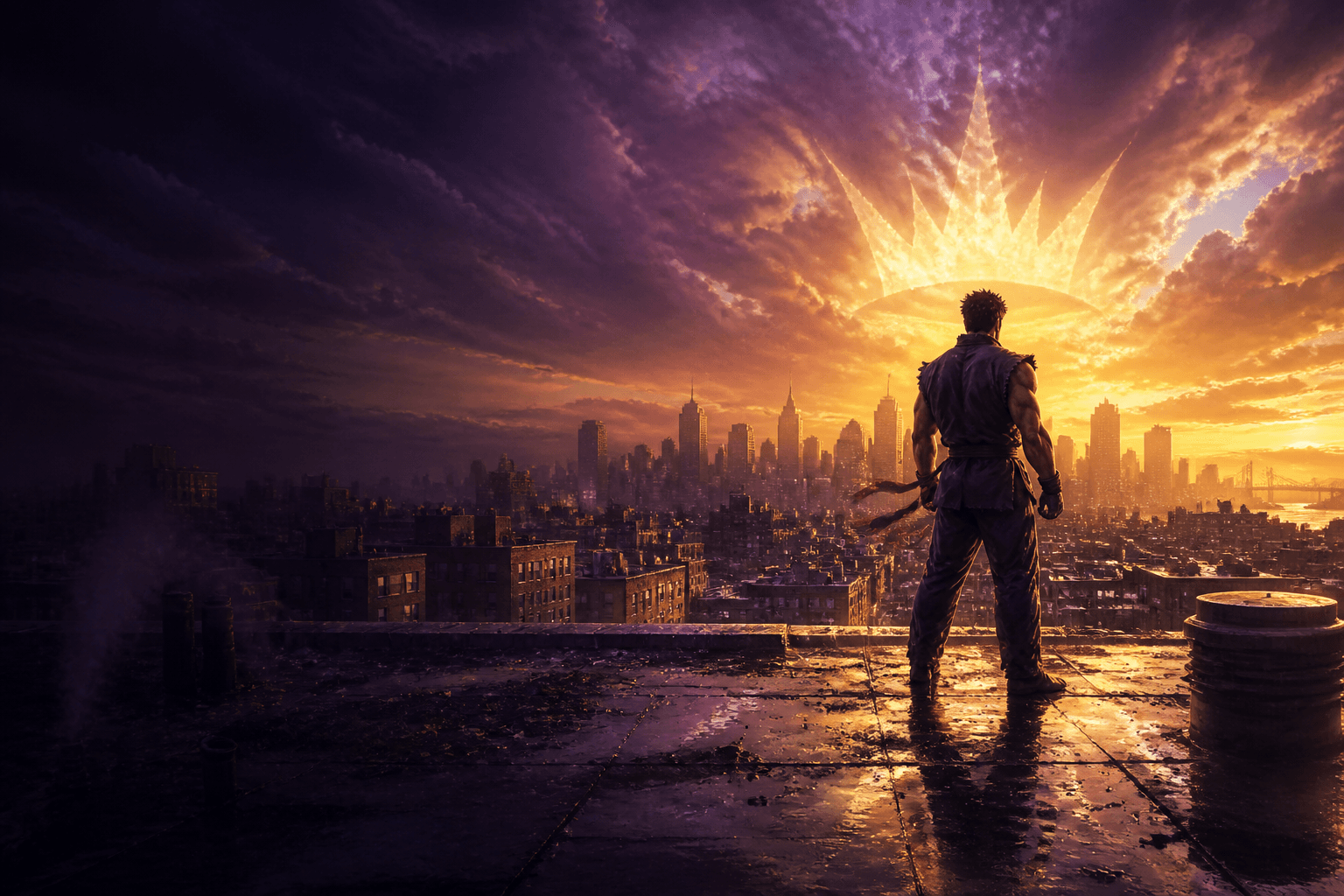 Solo Rise fighter overlooking a city at dusk with a crown of light